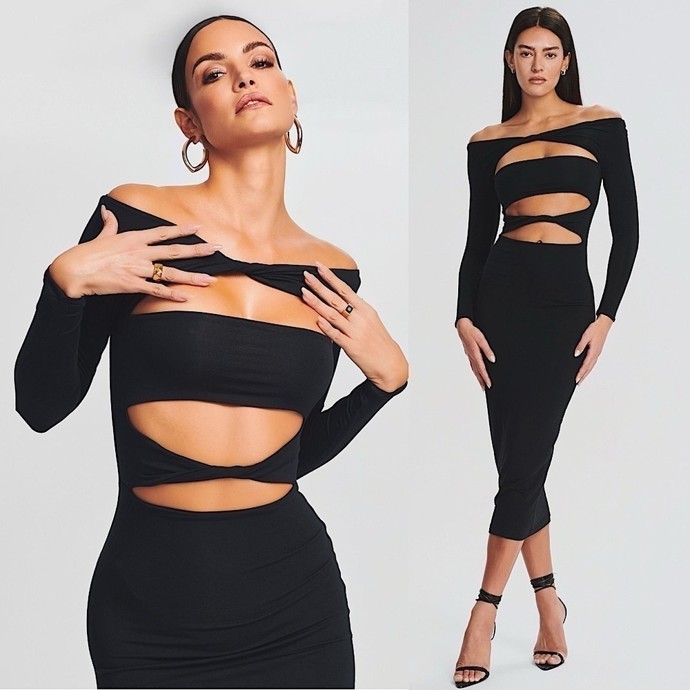 NWT RETROFETE SER.O.YA Off Shoulder Long Sleeve Cutout Twist Front Midi Dress L